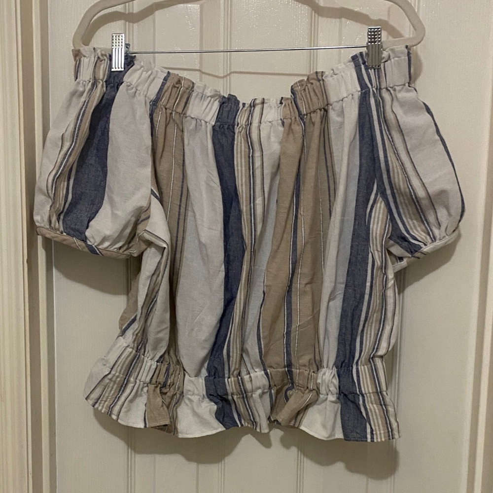 Everly Striped Off-Shoulder Top - Blue, Tan, White